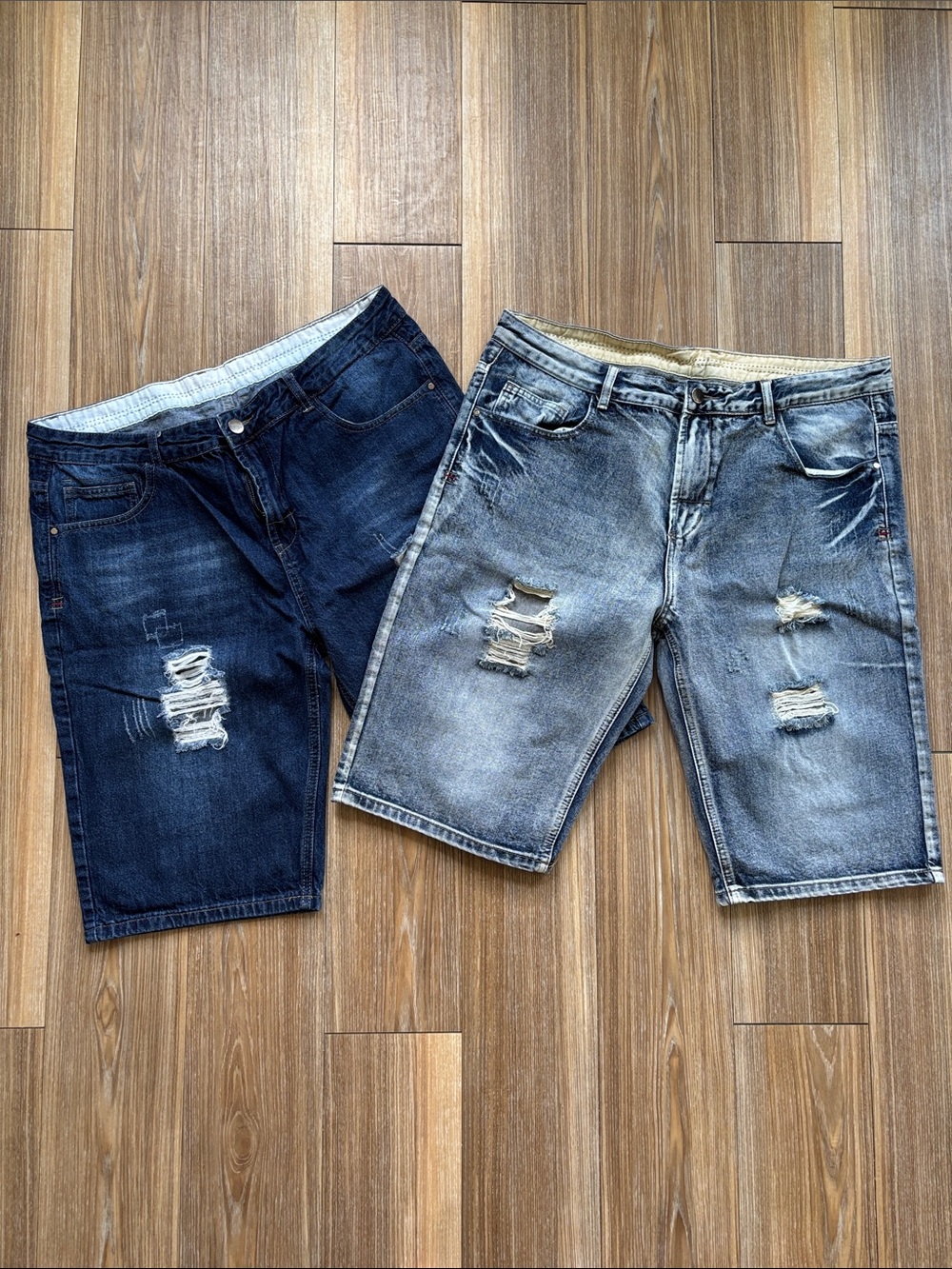 Amazon Men's Ripped Denim Shorts in Dark Blue and Light Blue Wash